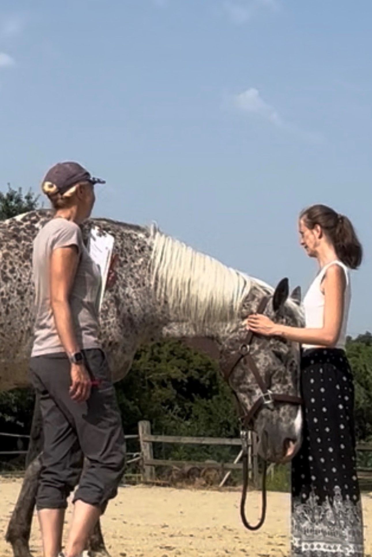 Daniela Meingaßner mit ihrer weißen Appaloosa-Mix-Stute Cheyenne auf der Weide