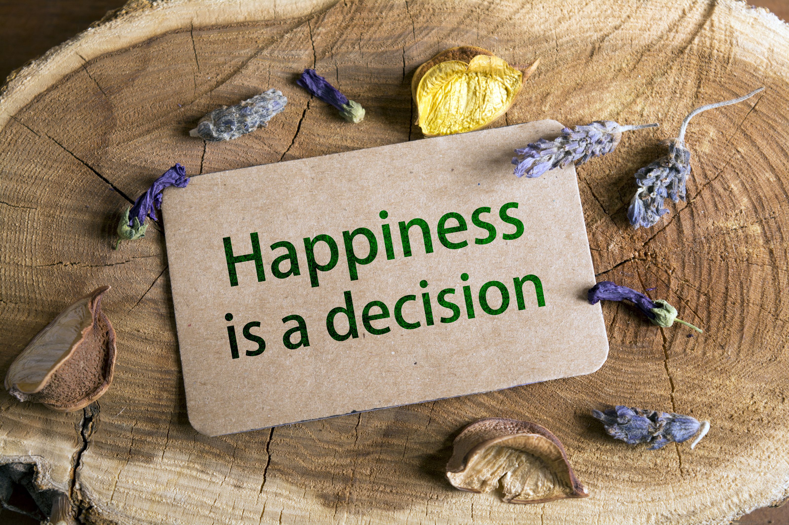Kärtchen mit der Aufschrift „Happiness is a decision“ auf einer Holzscheibe, umgeben von Lavendel
